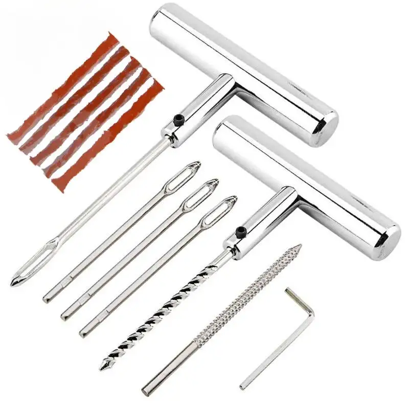 

12pcs Vacuum Tire Tyre Repair Tool Set with T-Handle Plug Car Tire Repair Tool Kit with Rubber Strips Puncture Studding Plug Set