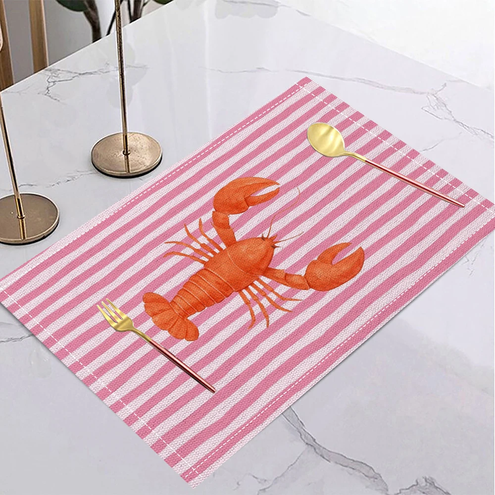 Boho Style Table Mat Placemats Blue And White Stripes With Red Lobster Print For Kitchen Dining Table Decor Retro view 3