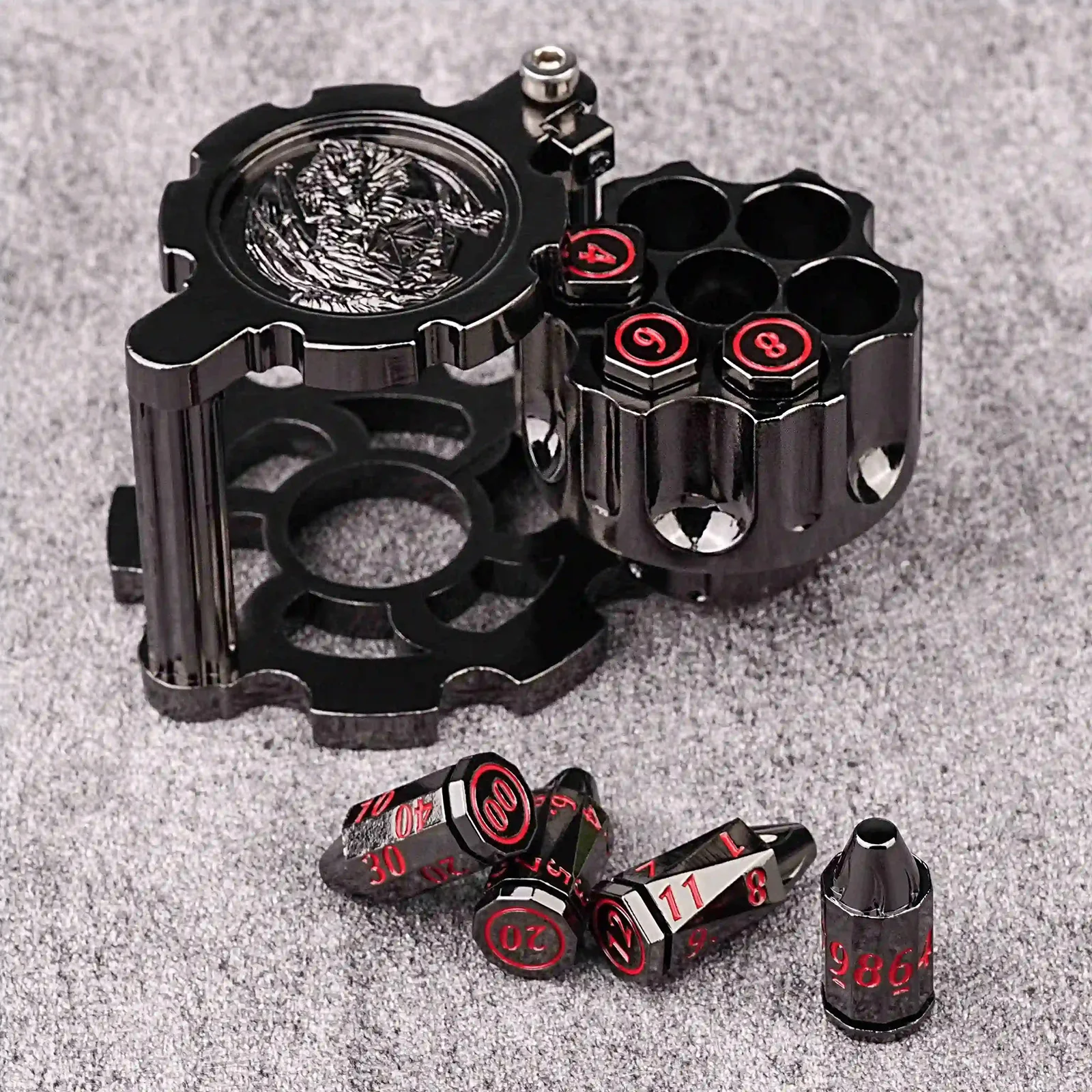 7Pcs DND Dice Black Red Metal Revolver Dice Shaped TRPG D&D Board Games Dungeons Dragons TRPG Polyhedral Digital Dice Table Game