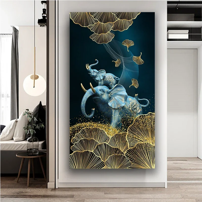 Ginkgo Biloba Canvas Wall Decoration for Home Decorations Elephant Blue Fabric Poster Aesthetic Decorative Paintings Art Print