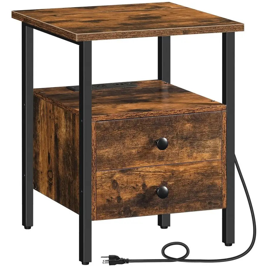 

End Table with Charging Station, Bedside Table with 2 Drawer amp USB Port amp TypeC Port, Nightstand for Small Spaces, Stable an