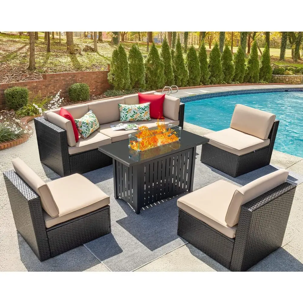 

7-Piece Outdoor Patio Sectional Sofa Set with Propane Fire Pit Table and Cushions for Backyard, Bistro, and Poolside (Beige)