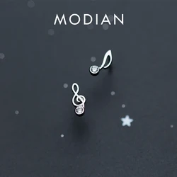 Modian Real 925 Sterling Silver Luminous CZ Cute Musical Note Asymmetry Stud Earring for Women Anti-Allergy Ear Pin Fine Jewelry