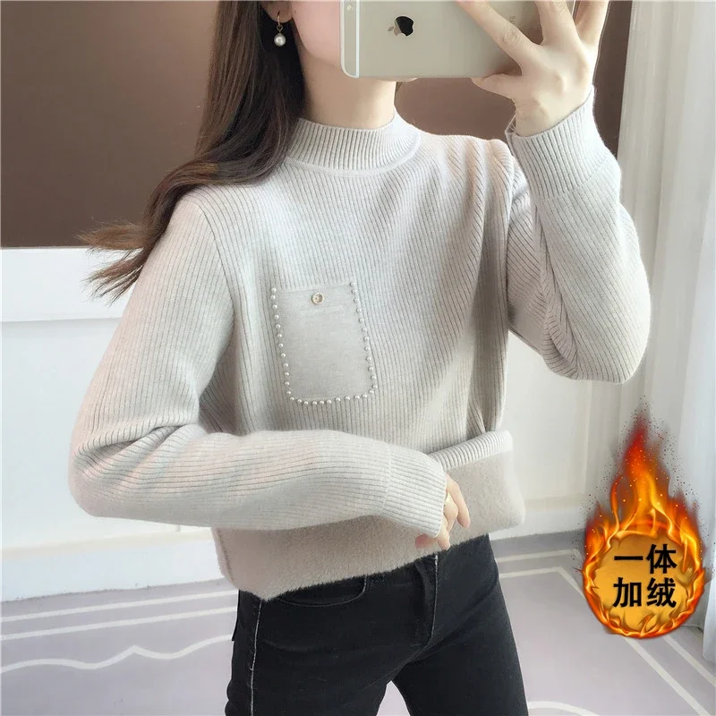 

Полуводолазка, утолщенный цельный бархатный однотонный свитер для женщин, новая осенне-зимняя бархатная нижняя рубашка