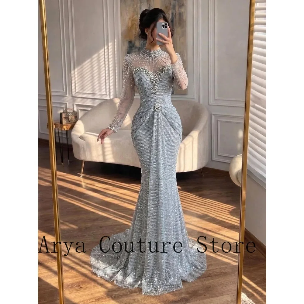 

2026 New Silver High Neck Evening Gown Sheer Beaded Mermaid Train Formal Dress Robe De Soiree Vestido De Fiesta Prom