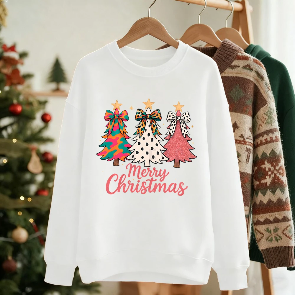 New Merry Christmas Colorful Bow Trees Prints Sweatshirt Women Crewneck Casual Hoodie Loose Warm Pullover Winter Soft Clothes