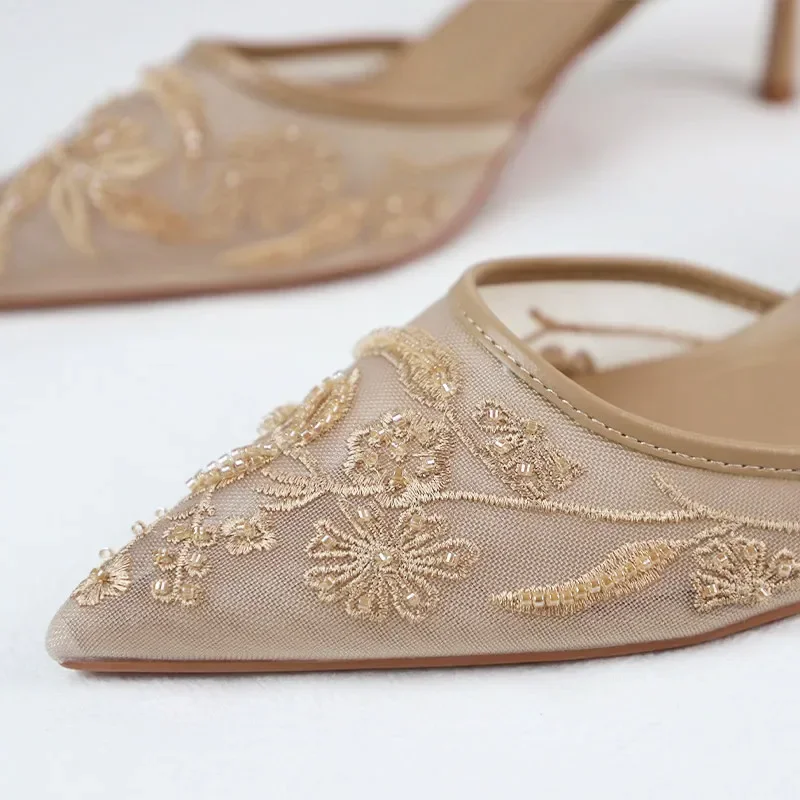 Mesh Embroidery Heeled Sandals Women Sexy Pointed Toe String Bead Slingback High Heels Summer Elegant Party Dress Designer Shoes image 3