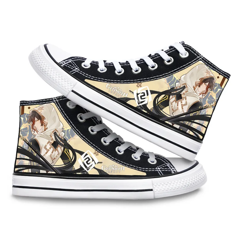 Game Genshin Impact Cosplay Shoes Morax Diluc Ragnvindr Kell Hutao Keqing Cartoon Printed High Top Cloth Shoes Flat Sneakers