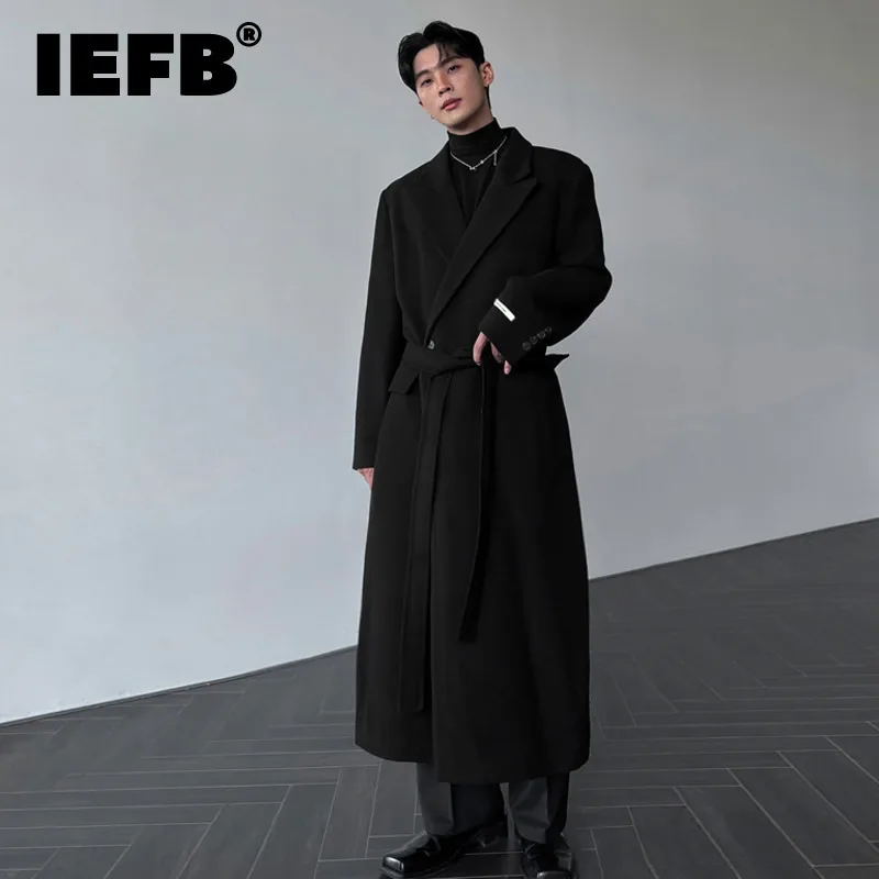 IEFB Korean Style Men's Woolen Overcoats Double Breasted Belt Shoulder Padded Thickened Solid Color Overknee Male Trench 9C9315