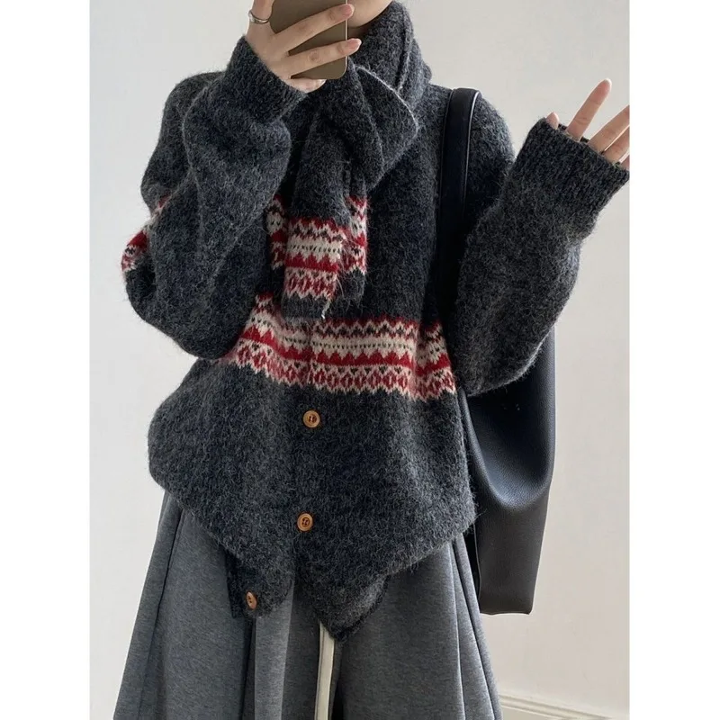 Women's 2026 Autumn Winter Jacquard Knit Cardigan Scarf Two Piece Set Loose Thick Warm Design Chic Coquette Trendy Top