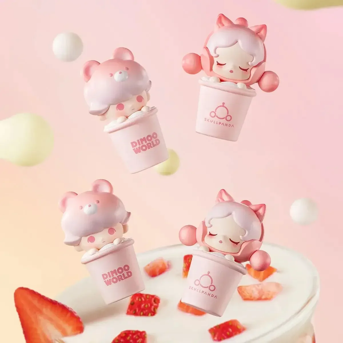 New Pop Bean Strawberry Smoothie Series Mini Dolls Toys Dimoo Skullpanda Cute Action Figures Desk Decor Collection Model Gifts