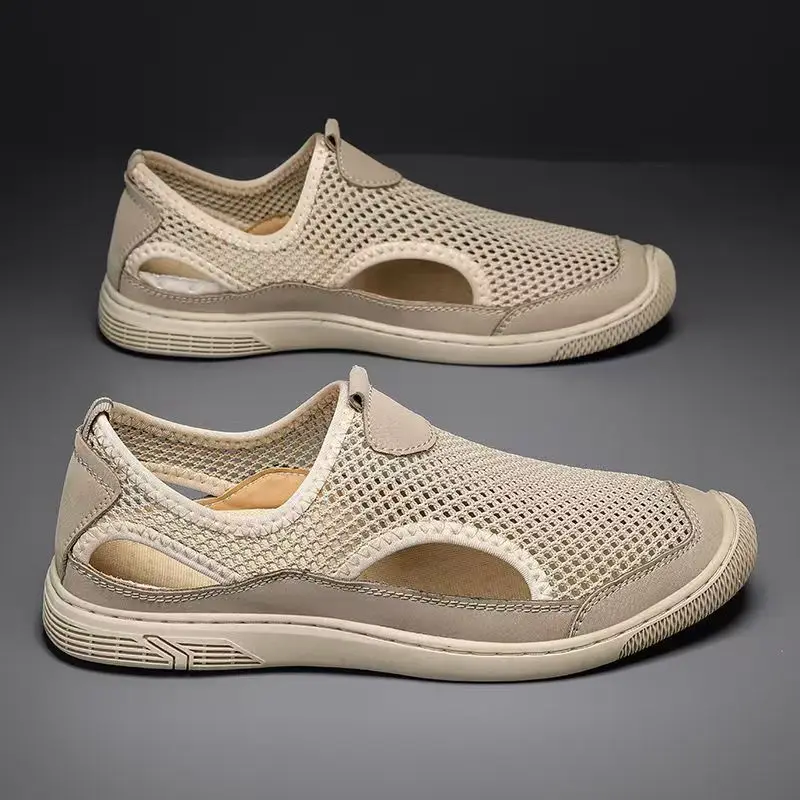 

Men's Summer Mesh Hollow Out Big Size Casual Sport Sandal Round Toe Flat Sole Non Slip Slip On Outdoor Beach Sandals Cave Shoes