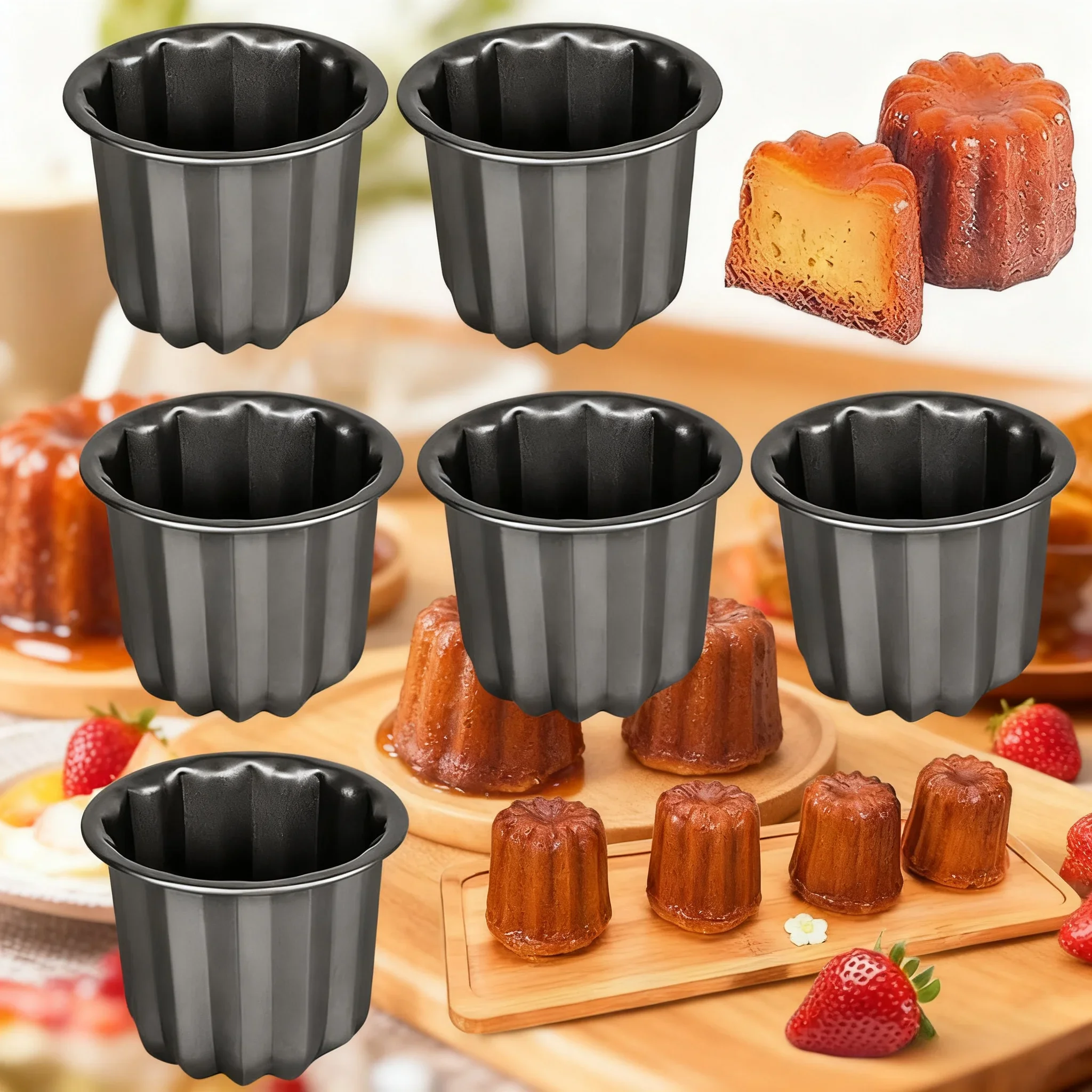 

6PCS Cannele Baking Mould for Confectionery Cupcake Baking Carbon Steel Nonstick Muffin Cup for Pudding Jelly Cake Dessert Tool