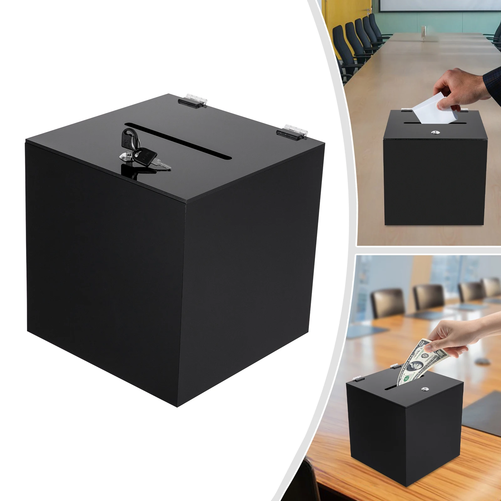 

Acrylic Donation Box with Lock, Black, Fully Openable Lid, 2 Keys, Free Standing/Tabletop, Secure and for Fundraising, Voting,