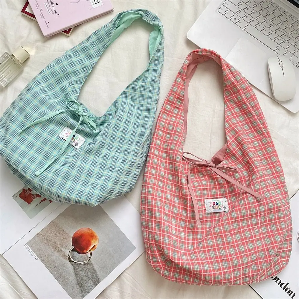 

Casual Sweet Double Sided Vest Bag Cloth Japanese Style Lattice Shoulder Bag Leisure Commuting Canvas Tote Bag Student