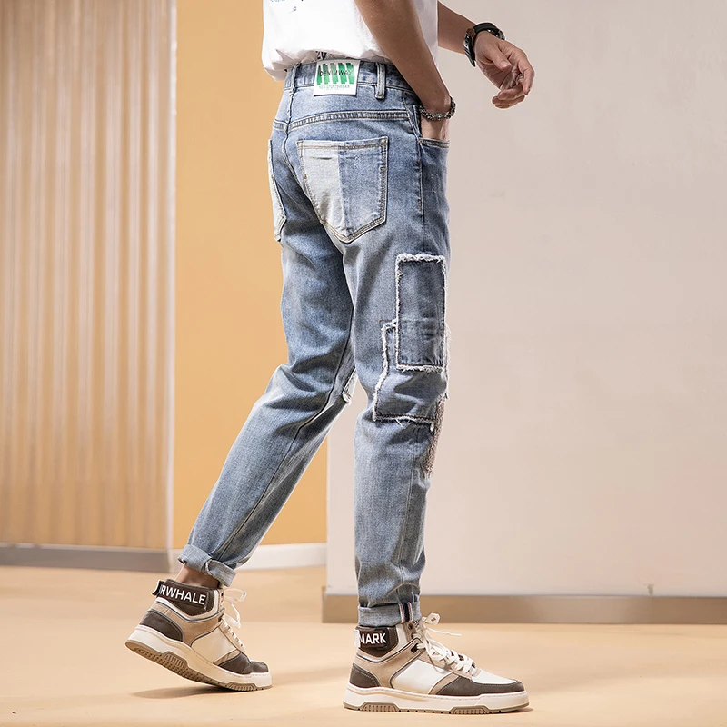 Retro Blue Stretch Slim Fit Jeans for Men High Street Fashion Ripped Seams Designer Multi Pocket Pants