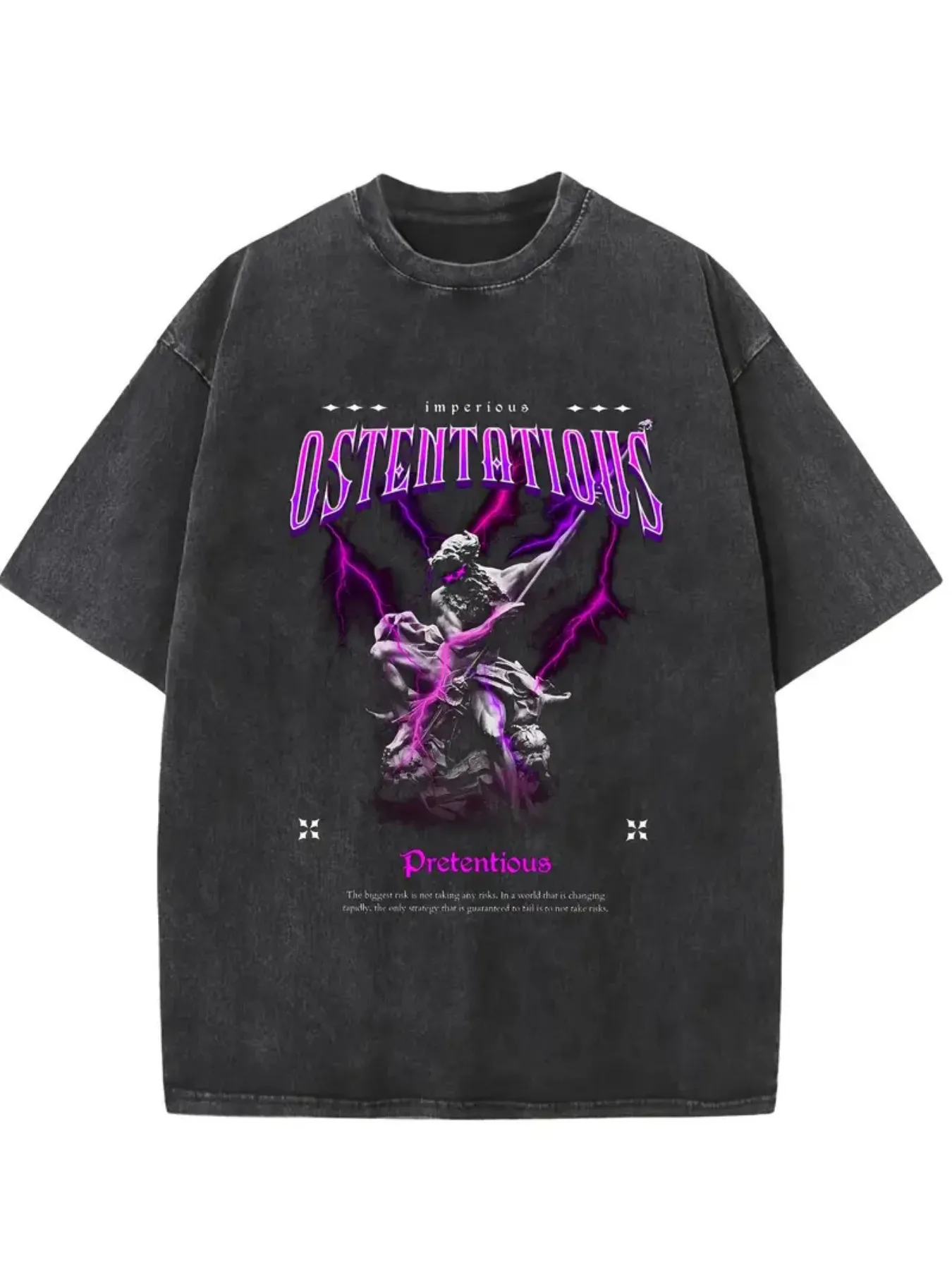 Men's Vintage Washed T-Shirt - Distressed Loose-Fitting Street Style Top with Purple and Black Gothic Letters and Bat Wings Pattern, Soft and Breathable Fabric, Crew Neck Short-Sleeve Casual Shirt (Machine Washable), Creative Geometric Pattern, Comfortable Fit, High-Quality Washed Material, Vintage Street Style, All-Season Comfort, Loose Fit Suitable for Everyday Outings