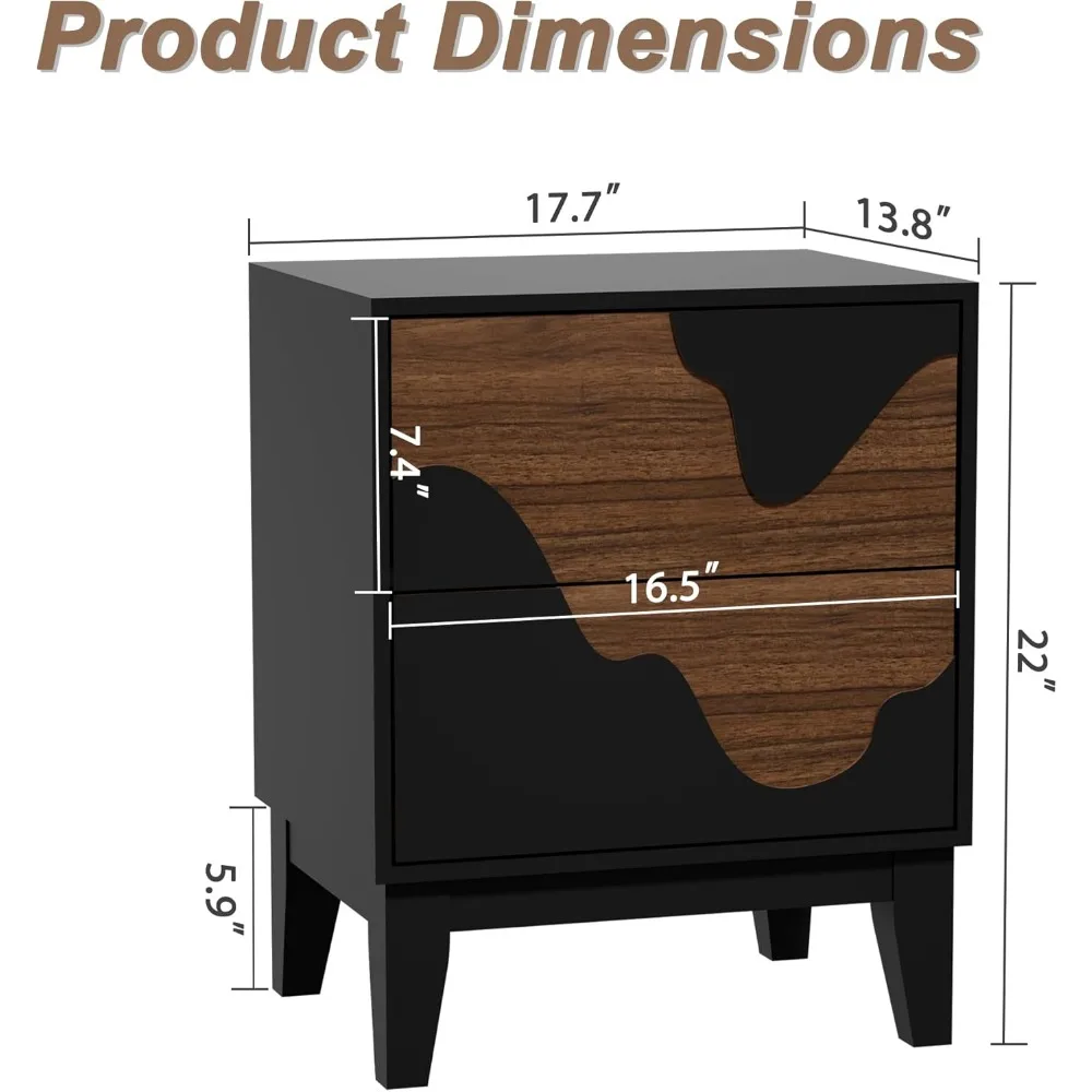 زوج من طاولات النوم الحديثة، طراز منتصف القرن بنمط مائي، لمسات خشبية لطاولات جانبية لغرفة النوم