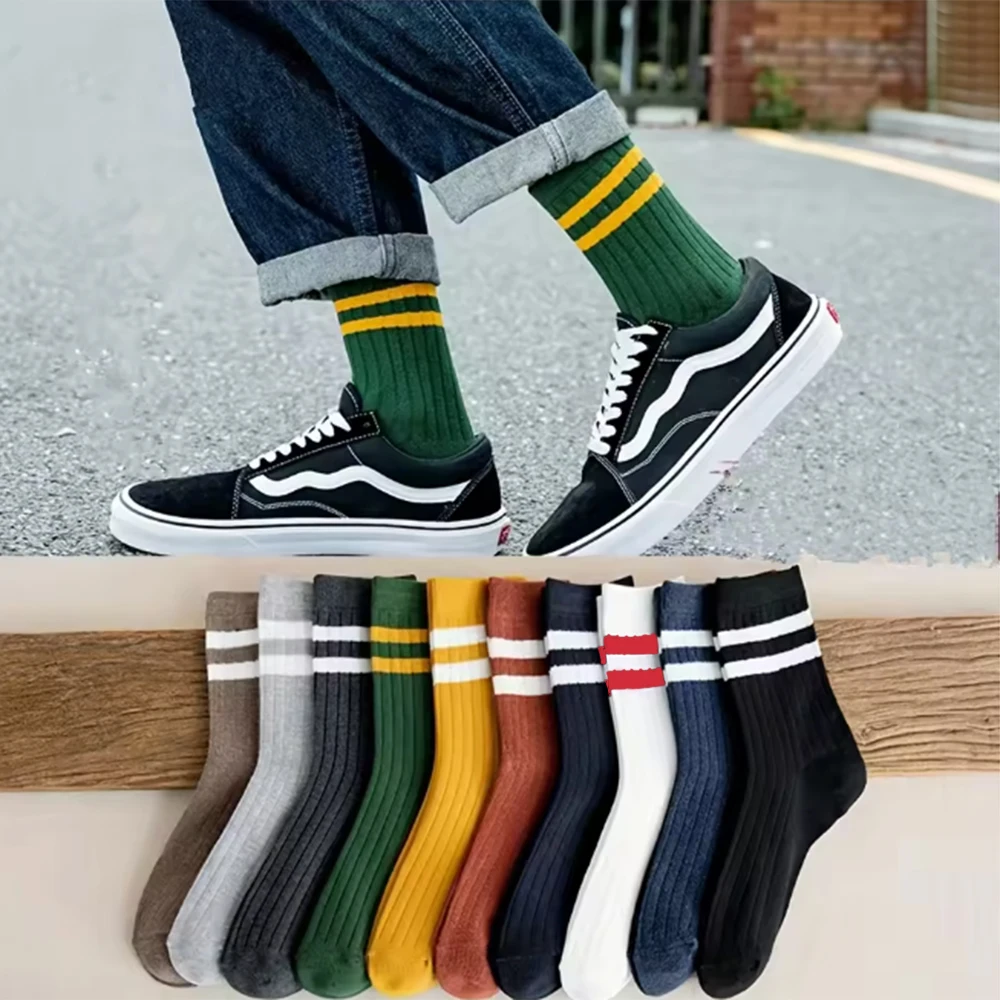 5 Paar neue gestreifte, lässige, atmungsaktive Herrensocken, hochwertige Harajuku-Retro-Socken, Herren-Baumwollsocken