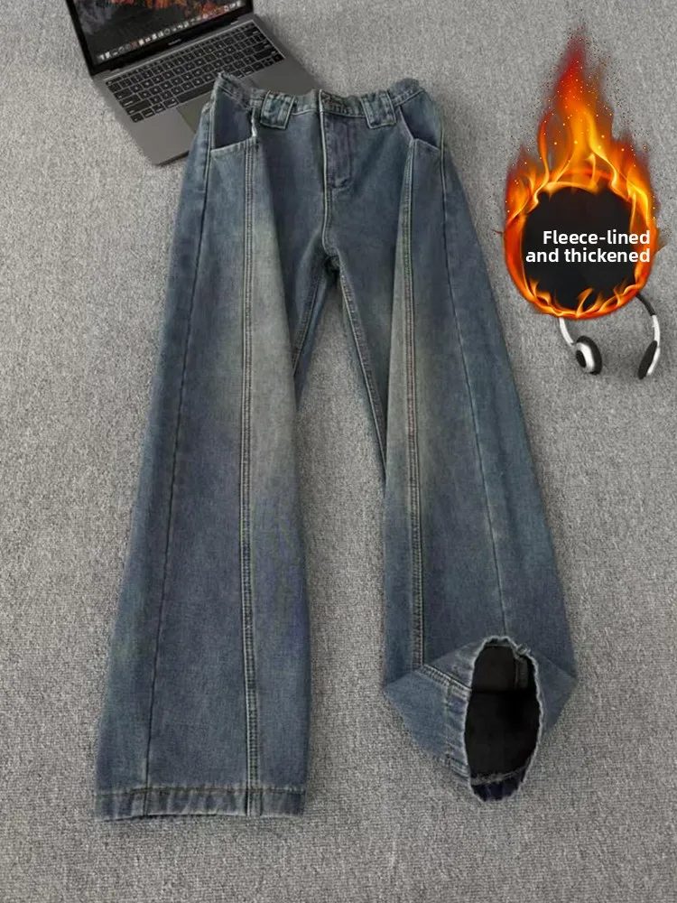 

Retro Blue Thiened Fce Straight Leg Men's Jeans Low Waist Zipper Casual Winter Workwear Loose Wide Leg Pants