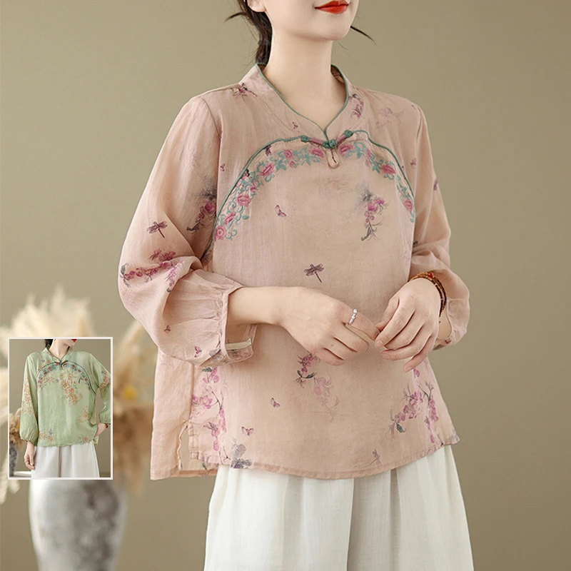 

Повседневная одежда в стиле ретро с вышивкой в китайском стиле, свободная посадка, хлопковая длинная вилка с воротником-стойкой и цветочным принтом, весенняя женская одежда...