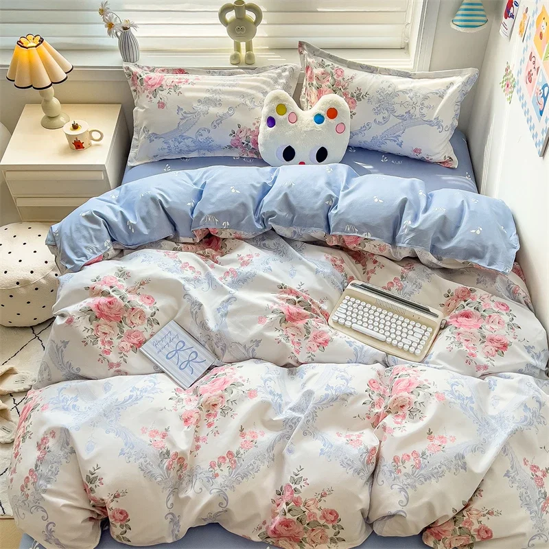 French Vintage Rose Printed Duvet Cover Set or Single Duvers Romantic Pastoral Style Bedding Set Soft Comfortable Quilt Cover