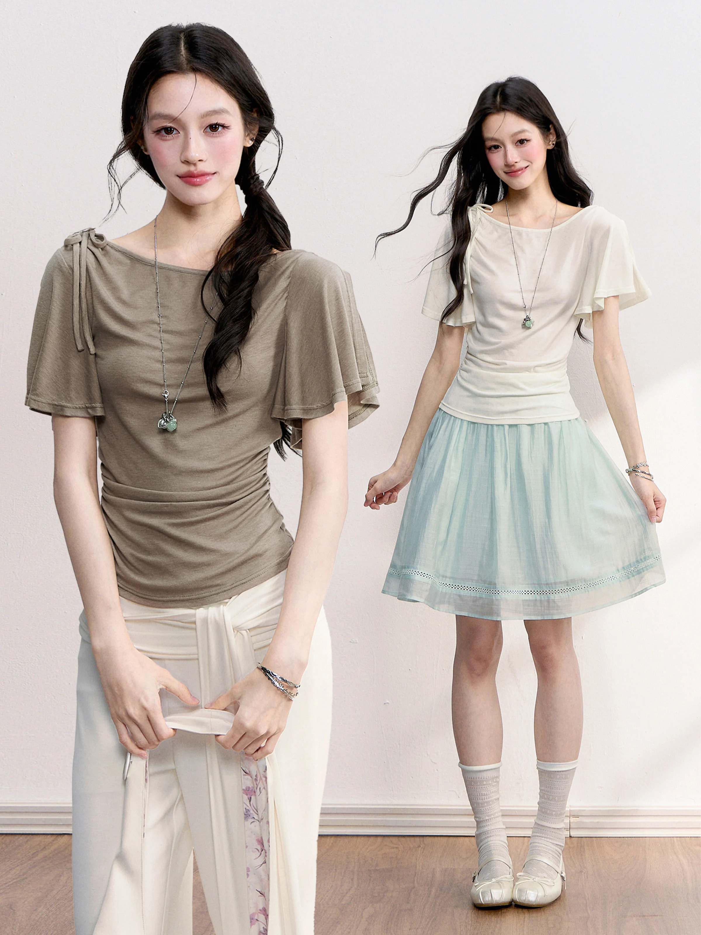 Fragile Heart Korean Style Slim Fit T-Shirt Cool Sensation Short Sleeve Waist Cinched Versatile Top for Ladies Summer Wear