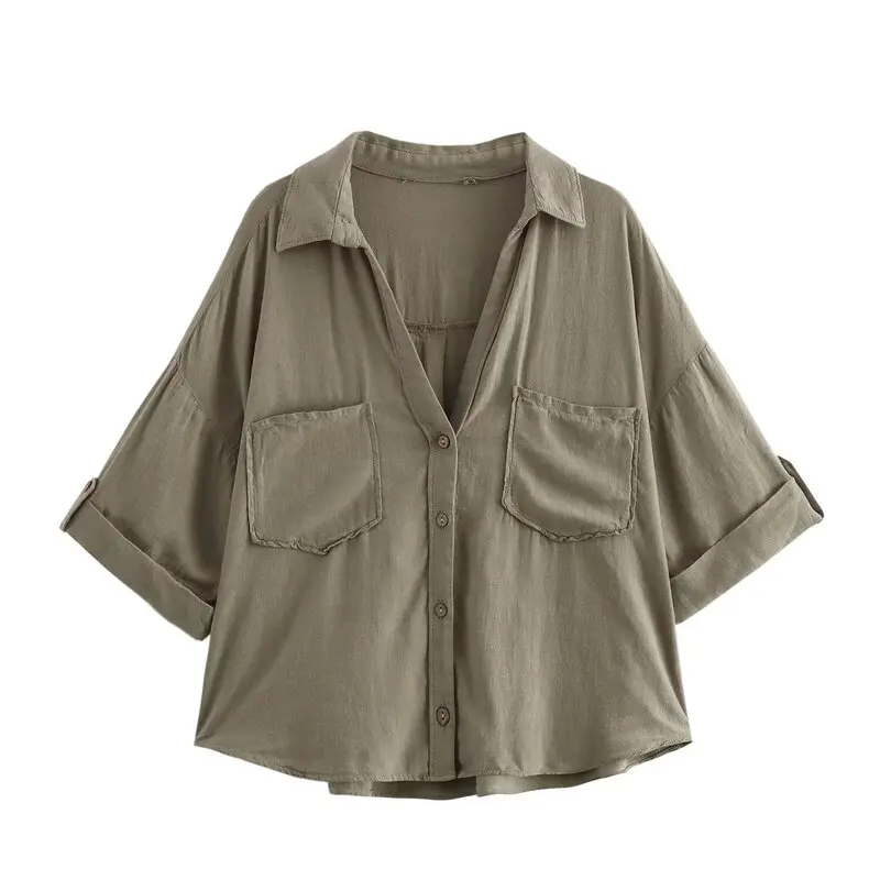 2024 Summer New Women's Faion Linen Blend irt Commute Versatile Design ort Sve V-Ne Loose Fit Regular Length