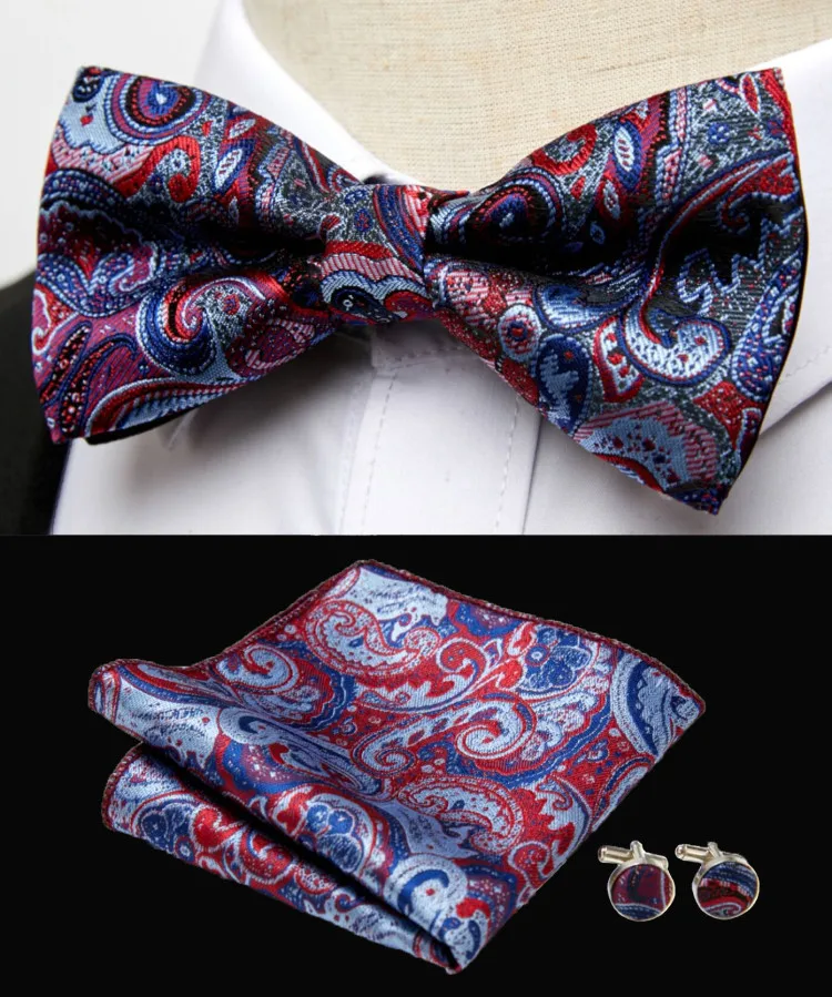 HUISHI Klassische blaue Fliege für Männer, Paisley-Blumenfliege, Einstecktuch, Manschettenknöpfe, Anzug-Set, Hochzeit, Party, kariert, solide Schmetterling – Detail 28