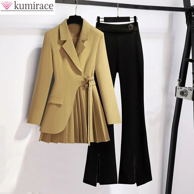 Korean Popular Autumn New Style Drape Belt Decorative Casual Suit Jacket Wide Leg Trousers Two Piece Elegant Women's Pants Set