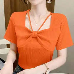 Women's Summer Pullover Halter Square Collar Screw Thread Solid Color Bow Short Sleeve T-shirt Korean Fashion Office Lady Tops