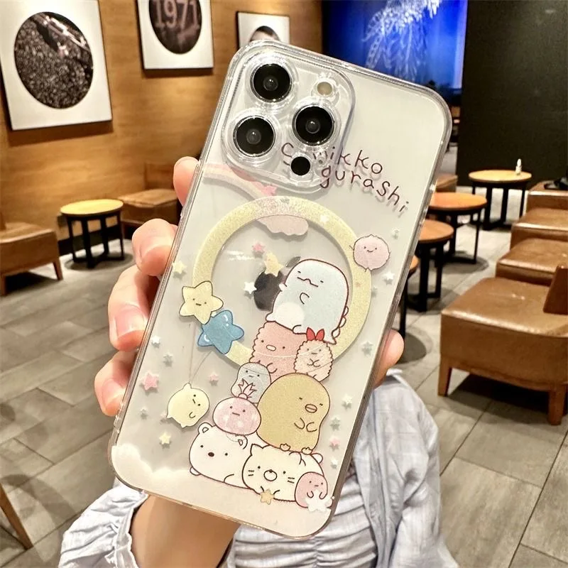 kawaii Sumikkogurashi Magsafe Magnetic Phone Case for iPhone 16 15 14 13 12 11 8 7 Plus Pro Max X XR XSMax Soft Clear Tpu Cover