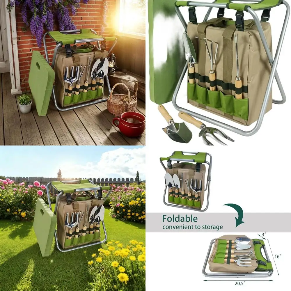 

5-Piece Gardening Tool Set with Insulated Folding Stool and Bag