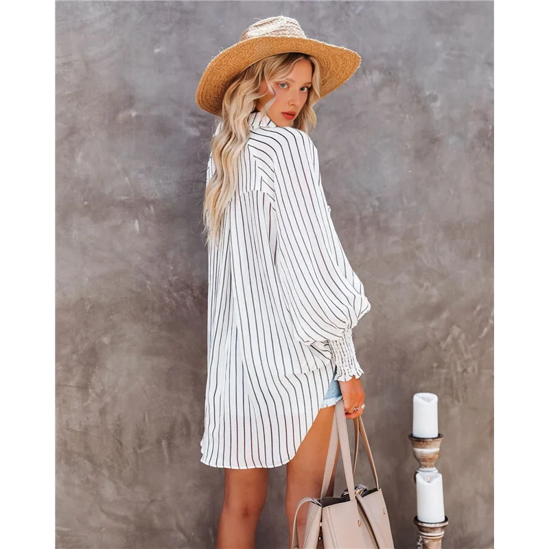 

A83F-Women's Button Down Striped Shirts Collared Puff Long Sleeve Oversized Smocked Blouses With Pocket