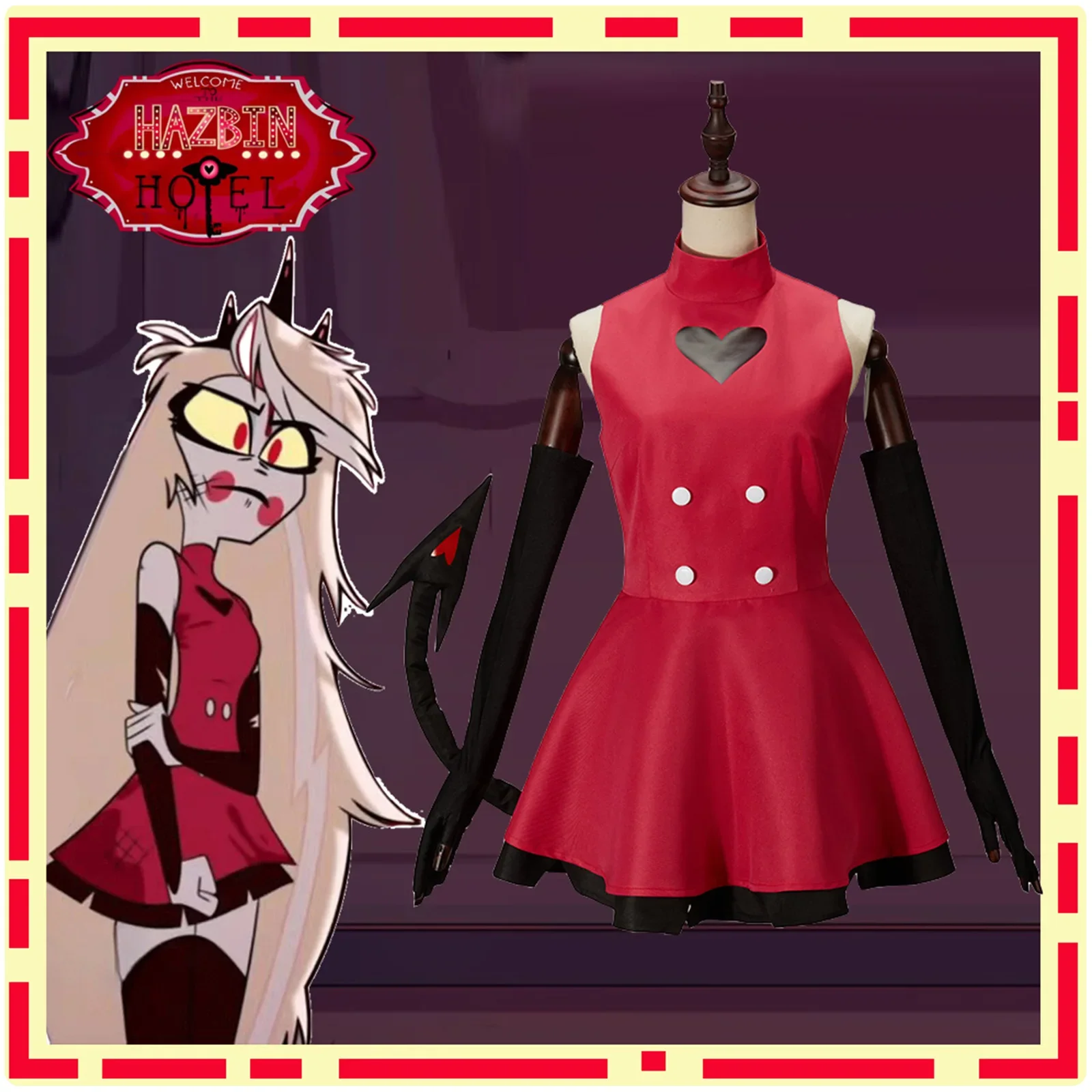 

Anime Hazbin for Game Fans Hotel Charlie Cosplay Halloween Costume Adult Women Turtleneck Red Dress Sexy Sleeveless Daily Skirt