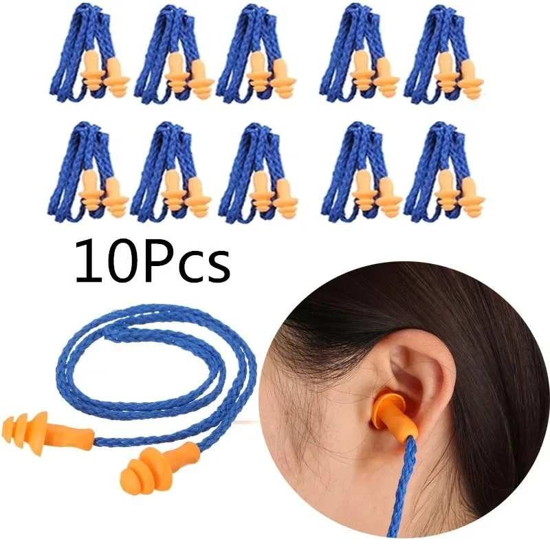 10Pcs Soft Silicone Corded Ear Plug Protector Reusable Hearing Protection Noise Reduction Safe Work Comfortable Earplugs Earmuff