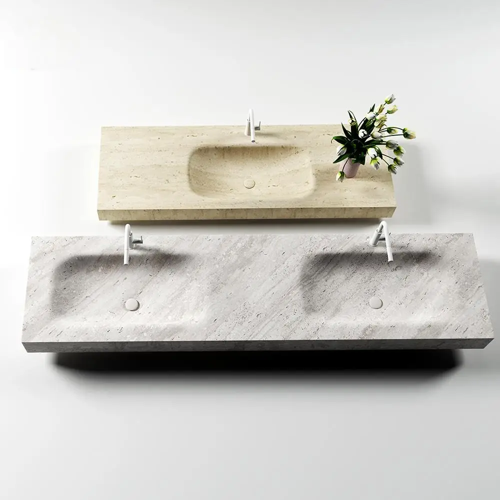 

Thermoformed Roman Travertine Basin: Heat-Pressed Seamless Sink w/ Beige Veins - Villa Luxury