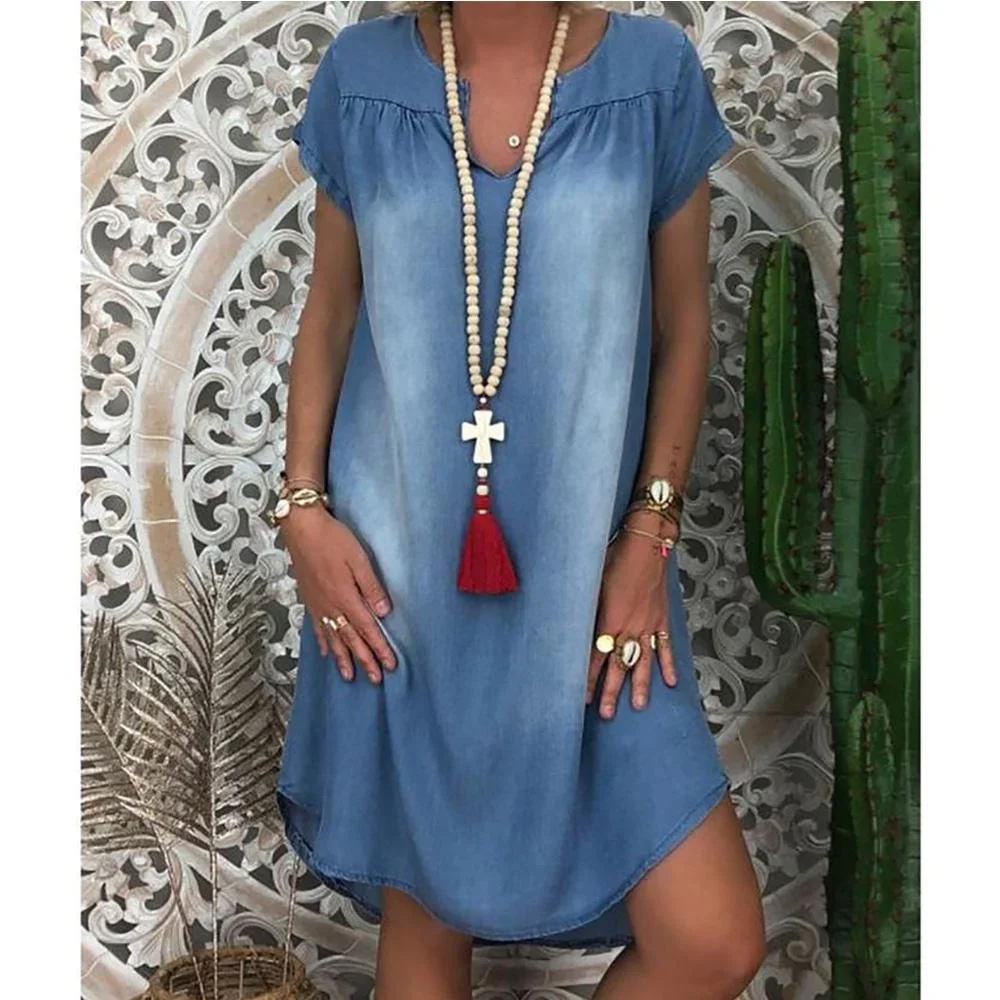 Denim Dress Plus Size 1XL-5XL Women\'s New Fashion Casual Solid V Neck Long Party Loose Short Sleeve Swing Summer Dress