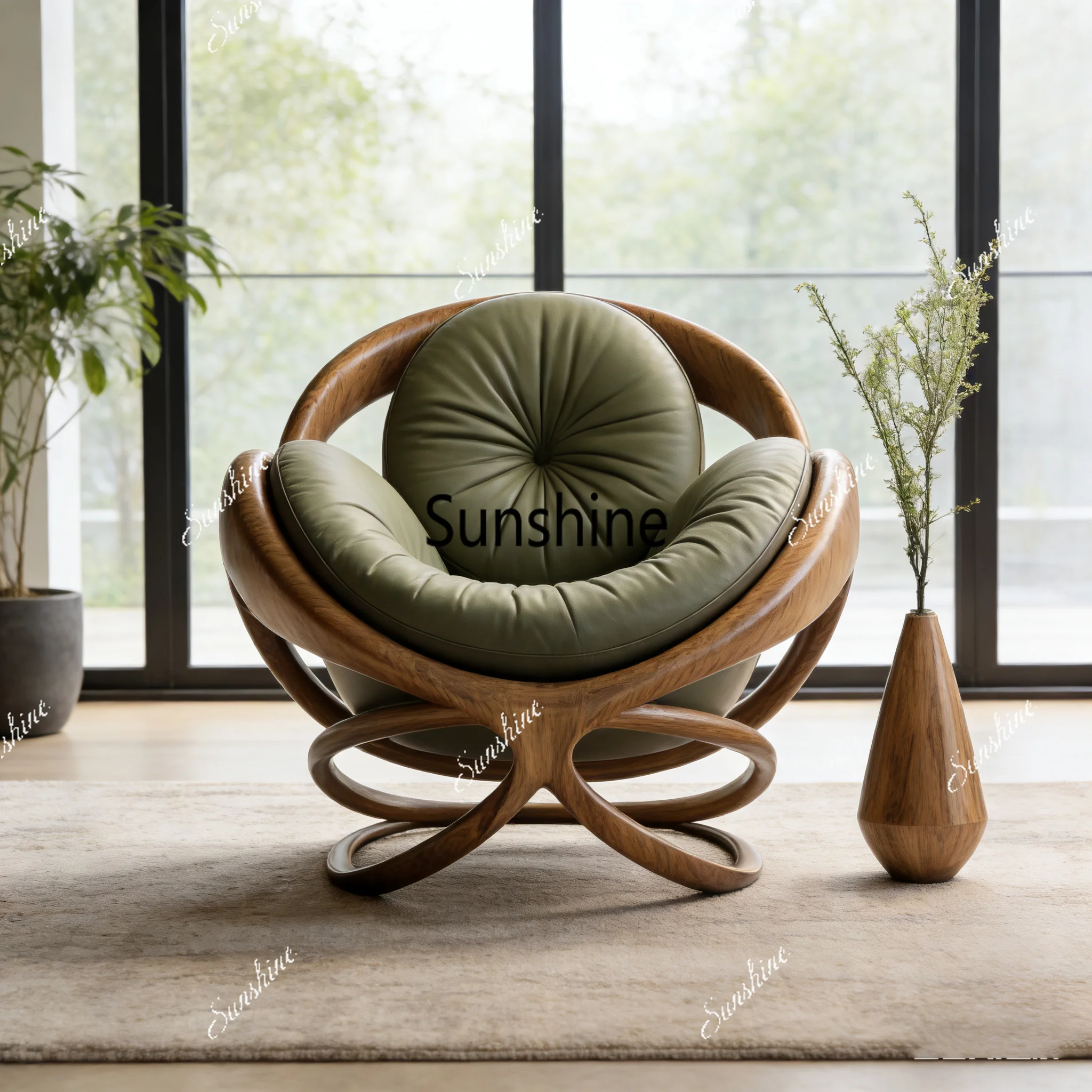 Modern Design Solid Wood Circular Leisure Chair Leather Cushion Cross Base Customizable Fabric Color Living Room Single Chair