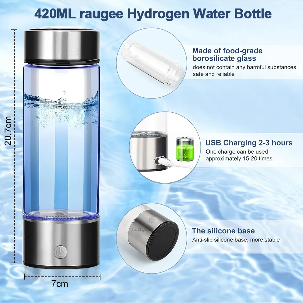 Botella de agua de hidrógeno, generador eléctrico de agua de hidrógeno, máquina de agua de hidrógeno recargable de 420ml para el hogar, oficina, viajes, deportes