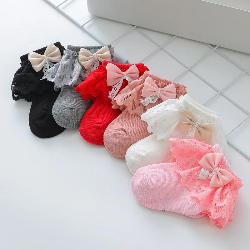 4pcs Girls\' Socks Spring Simple Autumn Solid Color Bow Foreign Lace Princess Socks Baby Full Moon Socks