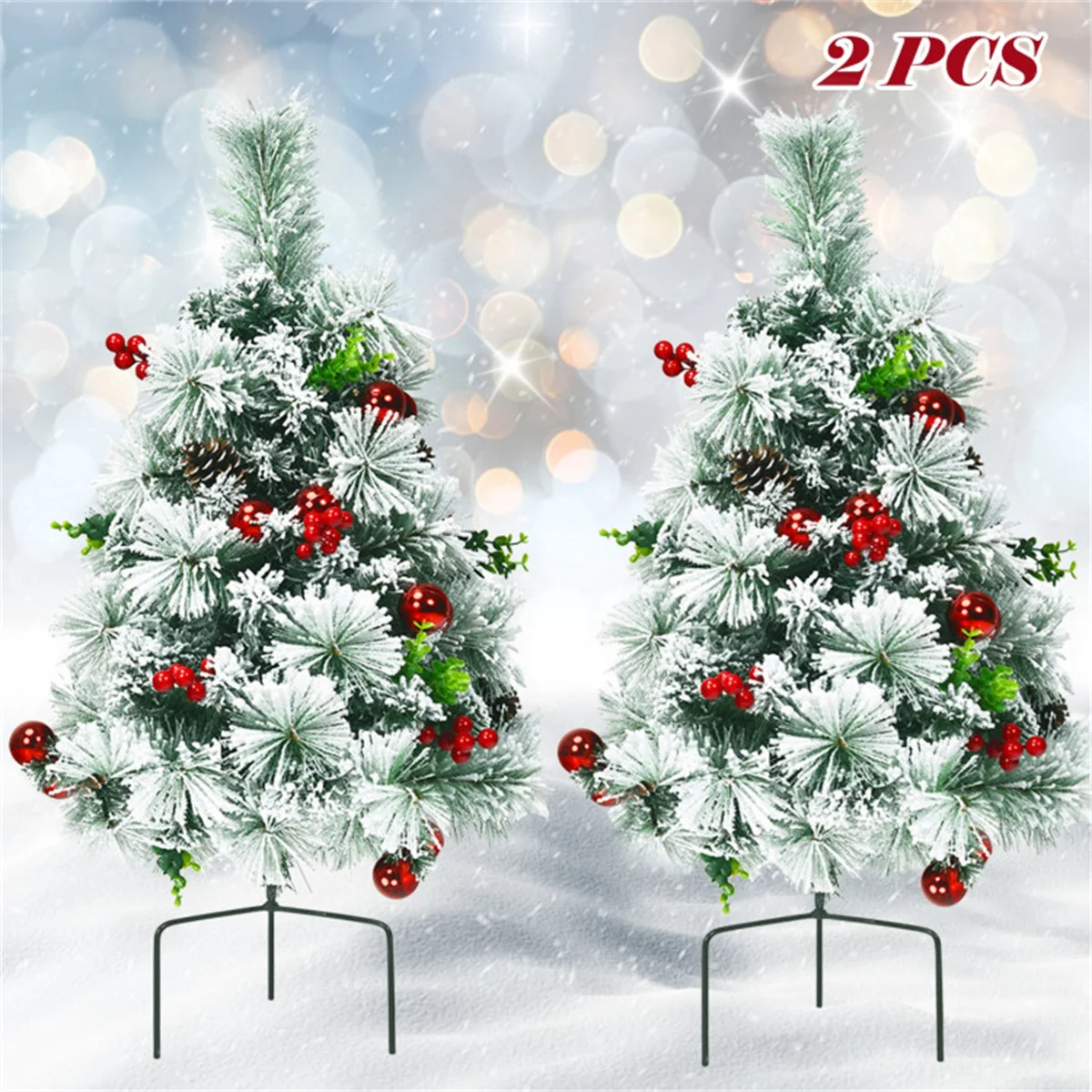 2 Pack 2FT Pre-Lit Flocked Pathway Christmas Trees, 30 Warm White LED Lights with 8 Modes, Artificial Snowy Tree with Pinecones Red Berries, Outdoor Garden Yard Xmas Decor 15.5" x 15.5" x 29" (L x W x H)
