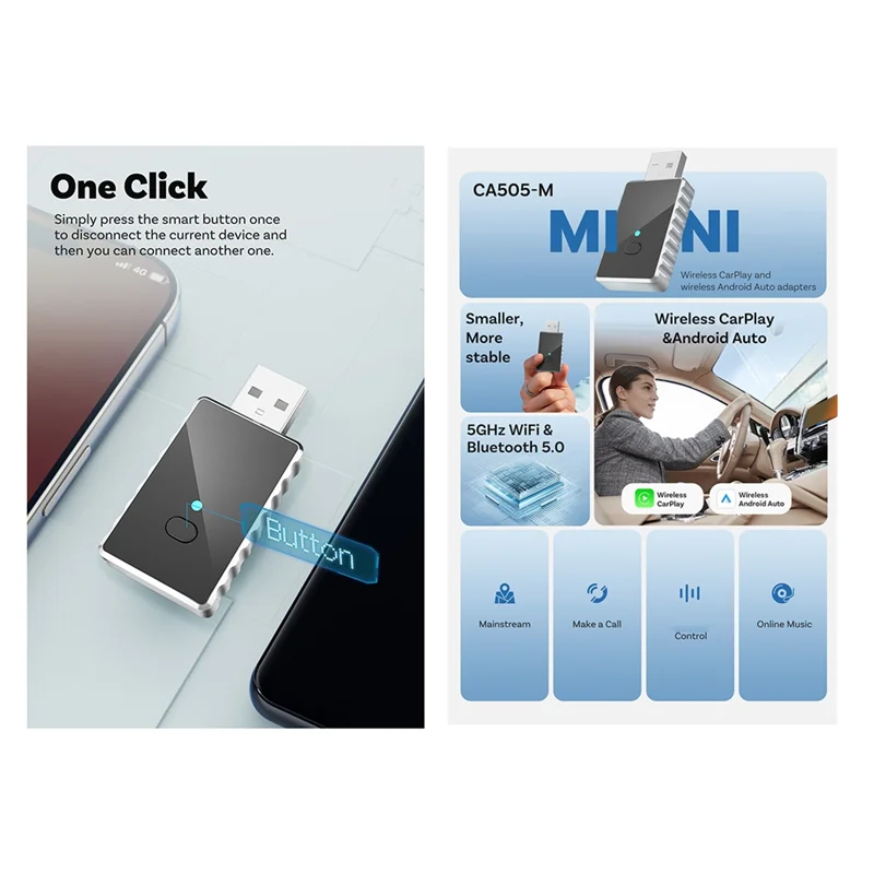AA90-Wired To Wireless Carplay Android Smart Box 2-In-1 Adapter For Plug-And-Play Fast Wifi Connection