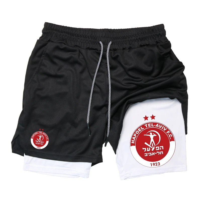 

Мужские шорты для бега с принтом 2 в 1, спортивные быстросохнущие эластичные шорты с карманом для телефона, петлей для полотенец, тренажерный зал, фитнес, бег