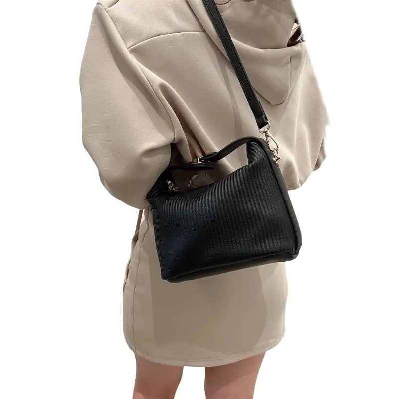 

X5XA Women Crossbody Bag Pleated Ribbed Exterior PU Leather Shoulder Handbag Purse