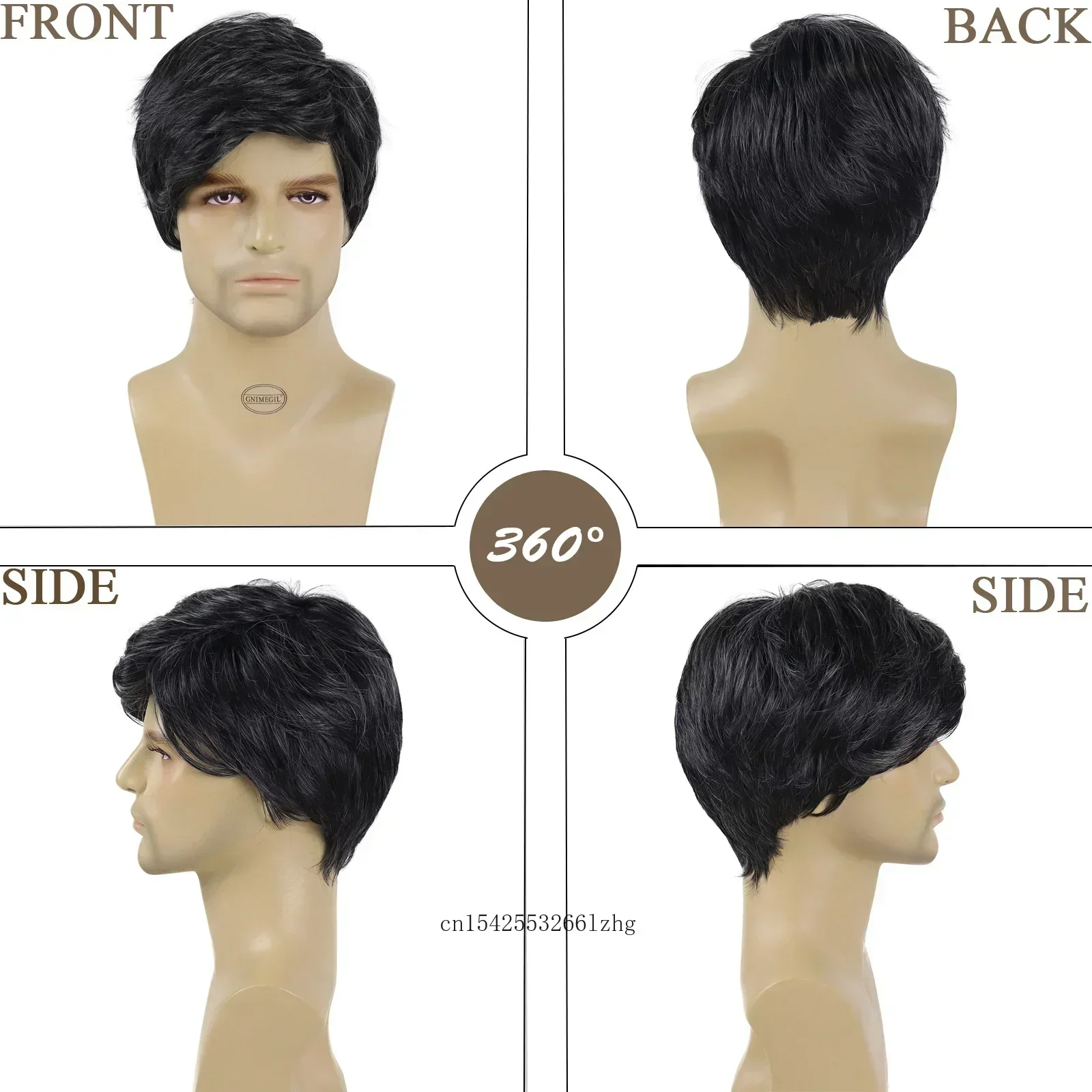 Peruca curta sintética masculina com franja lateral misturada peruca preta masculina natural pixie corte de cabelo peruca diária cosplay fibra macia resistente ao calor