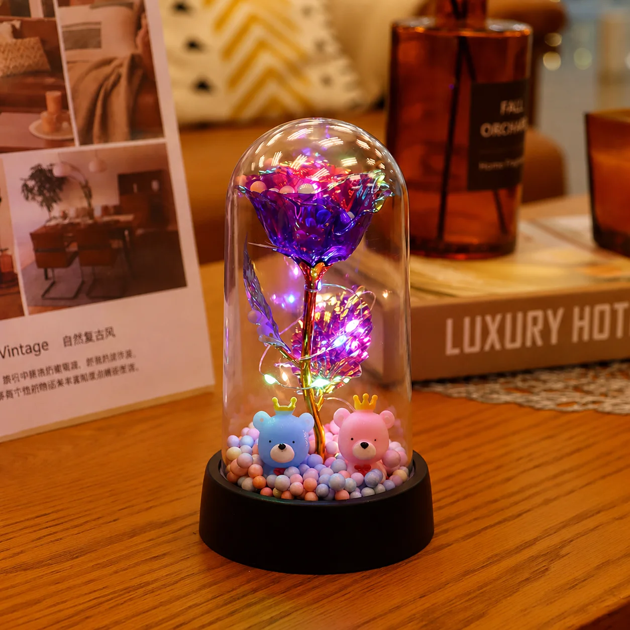 Führte Valentinstag Geschenk für Freundin ewige Rose Licht 24 Karat Goldfolie Blume in Glas abdeckung Muttertag Hochzeit Brautjungfer Geschenk
