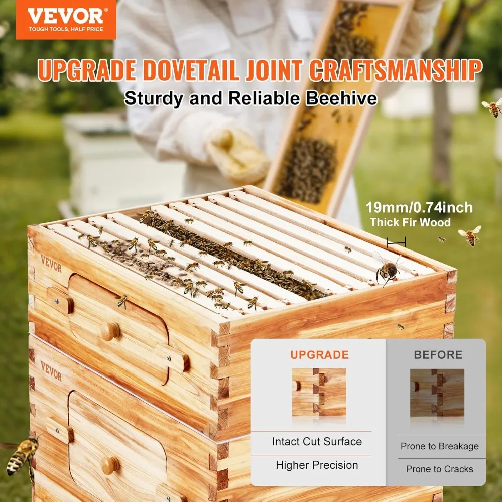 VEVOR Bee Hive 10 Frame Bee Hives Starter Kit، خشب التنوب المطلي بشمع العسل، 2 عميق + 1 صندوق نحل متوسط طقم خلية النحل Langstroth، Tran