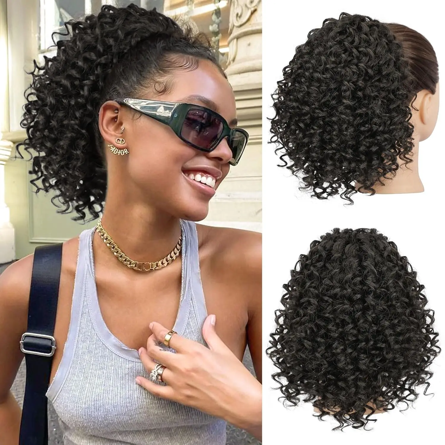 Ponytail Extension 10/14 Inch Drawstring Ponytail for Women Synthetic Short Curly Wavy Fluffy Clip in Ponytail Hair Extensions