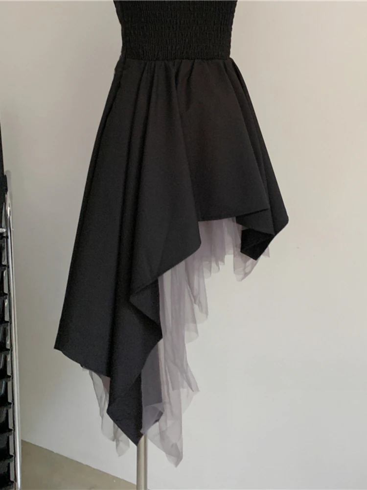 Sweet Cool Mesh Stitching Sleeveless Off-Shoulder Sexy Backless High Waist Slim Fit Irregular Short Strapless Dress Women Summer